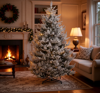 Sunvega Pencil Artificial Xmas Tree with Faux Snow Flocked Full Branch Tips Flame-retardant