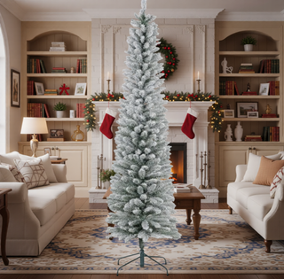 Sunvega Pencil Artificial Xmas Tree with Faux Snow Flocked Full Branch Tips Flame-retardant