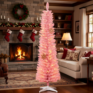 Sunvega Pencil Artificial Xmas Tree with Faux Snow Flocked Full Branch Tips Flame-retardant