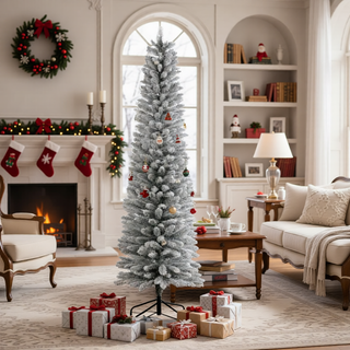 Sunvega Pencil Artificial Xmas Tree with Faux Snow Flocked Full Branch Tips Flame-retardant