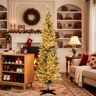 Sunvega Pencil Artificial Xmas Tree with Faux Snow Flocked Full Branch Tips Flame-retardant