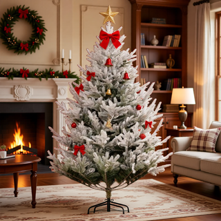 Sunvega Pencil Artificial Xmas Tree with Faux Snow Flocked Full Branch Tips Flame-retardant