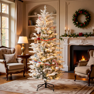 Sunvega Pencil Artificial Xmas Tree with Faux Snow Flocked Full Branch Tips Flame-retardant