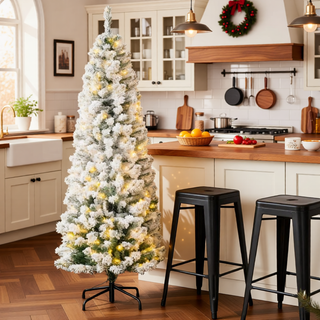 Sunvega Pencil Artificial Xmas Tree with Faux Snow Flocked Full Branch Tips Flame-retardant