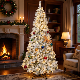 Sunvega Pencil Artificial Xmas Tree with Faux Snow Flocked Full Branch Tips Flame-retardant
