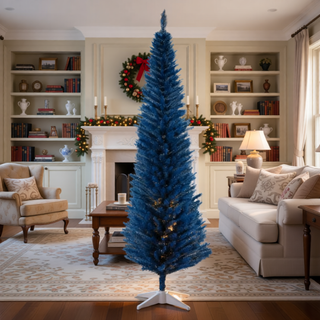 Sunvega Pencil Artificial Xmas Tree with Faux Snow Flocked Full Branch Tips Flame-retardant