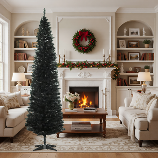 Sunvega Pencil Artificial Xmas Tree with Faux Snow Flocked Full Branch Tips Flame-retardant