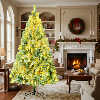 Sunvega Pencil Artificial Xmas Tree with Faux Snow Flocked Full Branch Tips Flame-retardant