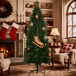 Sunvega Pencil Artificial Xmas Tree with Faux Snow Flocked Full Branch Tips Flame-retardant