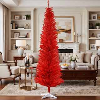 Sunvega Pencil Artificial Xmas Tree with Faux Snow Flocked Full Branch Tips Flame-retardant