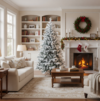 Sunvega Pencil Artificial Xmas Tree with Faux Snow Flocked Full Branch Tips Flame-retardant