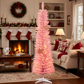 Sunvega Pencil Artificial Xmas Tree with Faux Snow Flocked Full Branch Tips Flame-retardant
