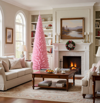 Sunvega Pencil Artificial Xmas Tree with Faux Snow Flocked Full Branch Tips Flame-retardant