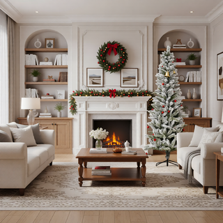 Sunvega Pencil Artificial Xmas Tree with Faux Snow Flocked Full Branch Tips Flame-retardant