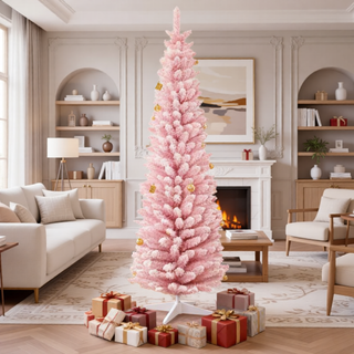 Sunvega Pencil Artificial Xmas Tree with Faux Snow Flocked Full Branch Tips Flame-retardant