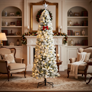 Sunvega Pencil Artificial Xmas Tree with Faux Snow Flocked Full Branch Tips Flame-retardant