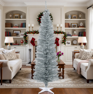 Sunvega Pencil Artificial Xmas Tree with Faux Snow Flocked Full Branch Tips Flame-retardant