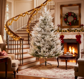 Sunvega Pencil Artificial Xmas Tree with Faux Snow Flocked Full Branch Tips Flame-retardant