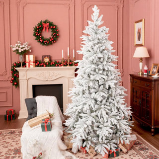 Sunvega Pencil Artificial Xmas Tree with Faux Snow Flocked Full Branch Tips Flame-retardant