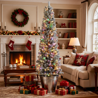 Sunvega Pencil Artificial Xmas Tree with Faux Snow Flocked Full Branch Tips Flame-retardant