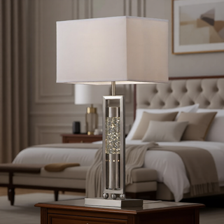 Sunvega Satin Copper Finish Metal Water Dancing Table Lamp with Fabric Shade