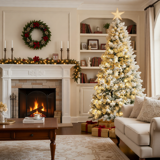 Sunvega Pencil Artificial Xmas Tree with Faux Snow Flocked Full Branch Tips Flame-retardant