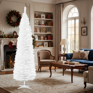Sunvega Pencil Artificial Xmas Tree with Faux Snow Flocked Full Branch Tips Flame-retardant