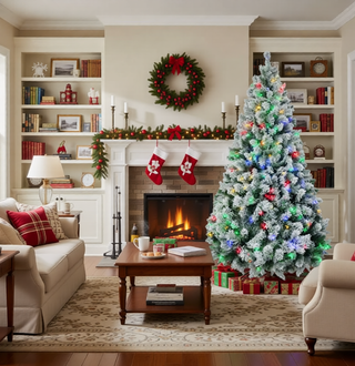 Sunvega Pencil Artificial Xmas Tree with Faux Snow Flocked Full Branch Tips Flame-retardant