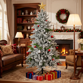 Sunvega Pencil Artificial Xmas Tree with Faux Snow Flocked Full Branch Tips Flame-retardant