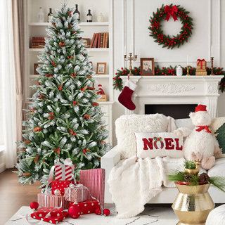 Sunvega Snow-Dusted Christmas Tree with Red Berries Pine Cones for Natural Holiday Decoration