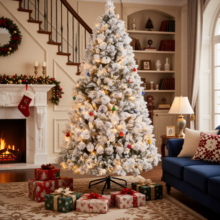 Sunvega Pencil Artificial Xmas Tree with Faux Snow Flocked Full Branch Tips Flame-retardant