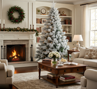 Sunvega Pencil Artificial Xmas Tree with Faux Snow Flocked Full Branch Tips Flame-retardant
