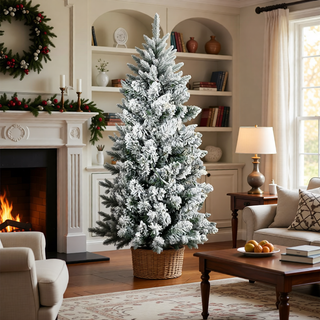 Sunvega Pencil Artificial Xmas Tree with Faux Snow Flocked Full Branch Tips Flame-retardant