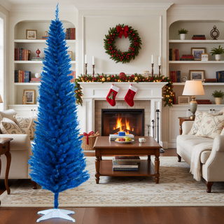 Sunvega Pencil Artificial Xmas Tree with Faux Snow Flocked Full Branch Tips Flame-retardant