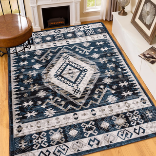 Sunvega Vintage Bohemian Geometric Faded Area Rug with Non-Slip Backing