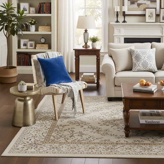 Sunvega Machine Washable Blue and Cream 5x8 Non-Slip Low Pile Area Rug