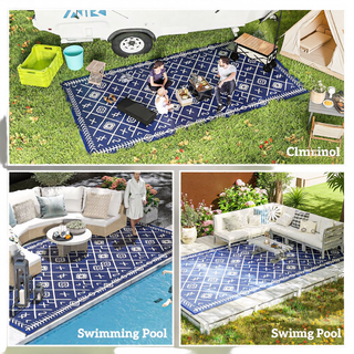 Sunvega Reversible Outdoor Rug with Protective Coating and Strap Stakes for Patio
