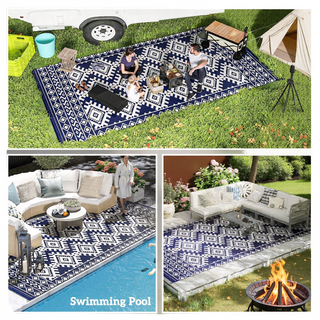 Sunvega Reversible Outdoor Rug with Protective Coating and Strap Stakes for Patio