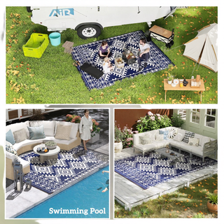 Sunvega Reversible Outdoor Rug with Protective Coating and Strap Stakes for Patio