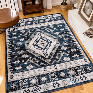 Sunvega Vintage Bohemian Geometric Faded Area Rug with Non-Slip Backing