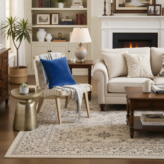Sunvega Machine Washable Blue and Cream 5x8 Non-Slip Low Pile Area Rug