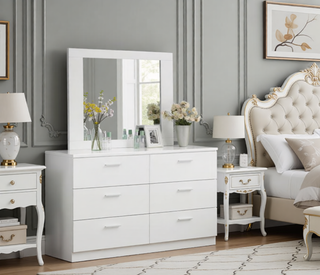 Sunvega Sleek White Nightstand with Chrome Legs and Two Spacious Drawers