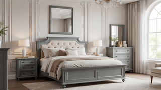 Sunvega Modern Gray Gunmetal Wood Mirror with Smooth Finish for Bedroom