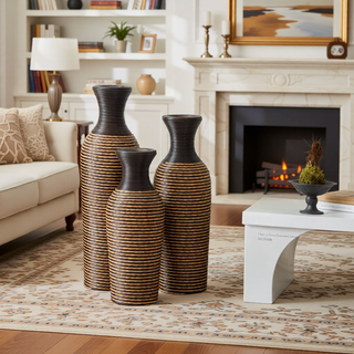 Sunvega Hand-Woven PVC Rattan Vases Set of 3 Brown Farmhouse Floor Decor