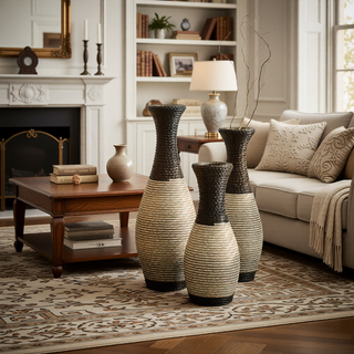 Sunvega Hand-Woven PVC Rattan Vases Set of 3 Brown Farmhouse Floor Decor