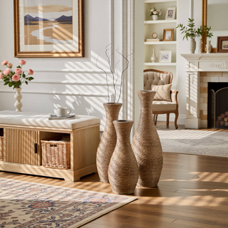 Sunvega Hand-Woven PVC Rattan Vases Set of 3 Brown Farmhouse Floor Decor