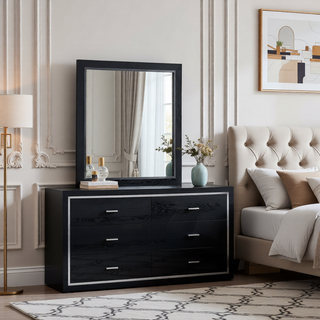Sunvega Modern Black Nightstand with Two Drawers and Built-In AC USB Outlets