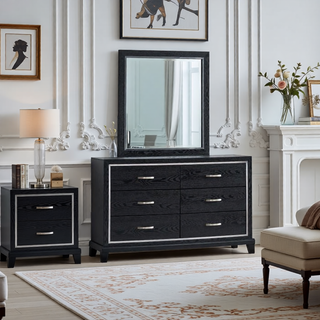 Sunvega Modern Black Nightstand with Two Drawers and Built-In AC USB Outlets
