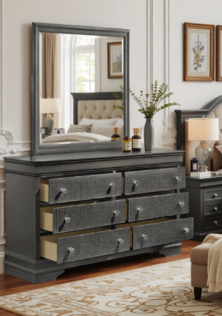 Sunvega Modern Gray Gunmetal Wood Mirror with Smooth Finish for Bedroom