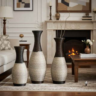 Sunvega Hand-Woven PVC Rattan Vases Set of 3 Brown Farmhouse Floor Decor